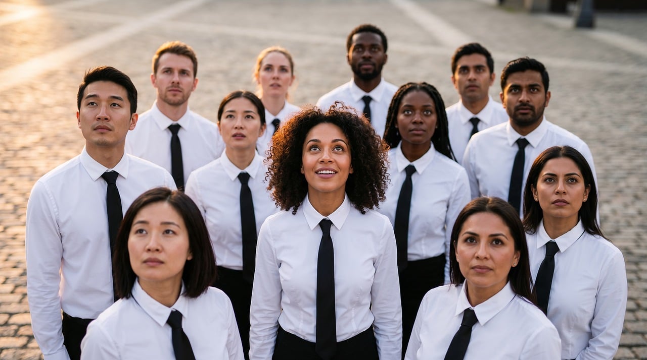 diverse group of professionals collaborating with futuristic interface