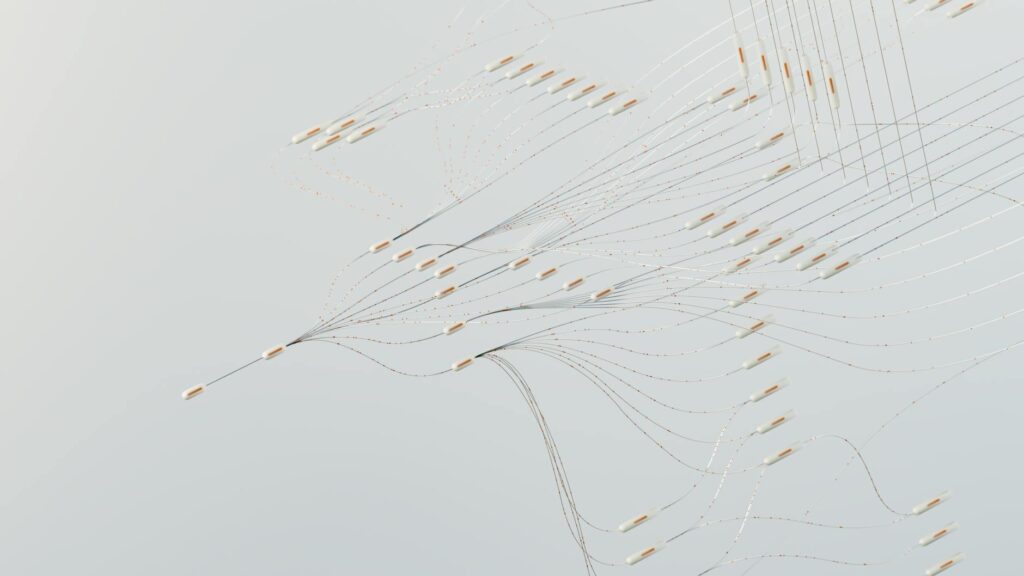 Abstract illustration depicting complex digital neural networks and data flow.