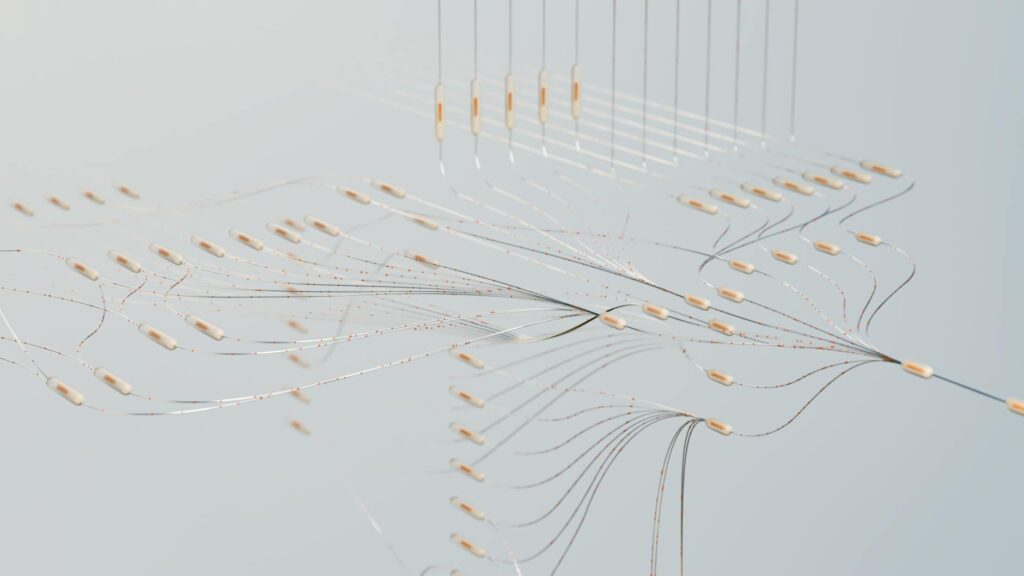 Elegant 3D visualization of neural networks showcasing abstract connections in a digital space.