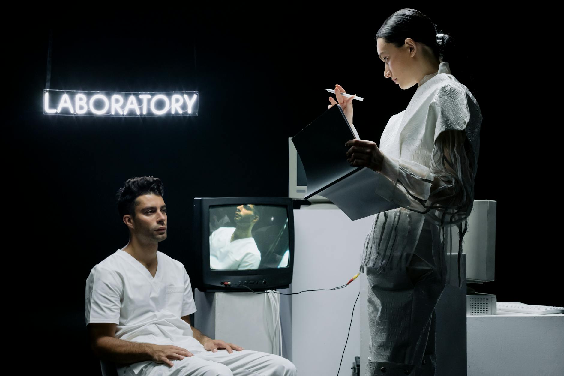 Two scientists in a futuristic laboratory setting analyzing data and conducting research on a subject.