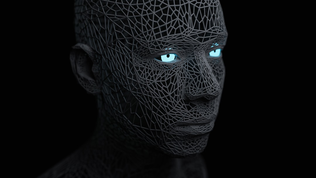 AI ethics and consciousness: intimate close-up of human eye reflecting neural network patterns merging with robotic iris, split composition human-machine, ambient soft white and deep blue lighting, cl