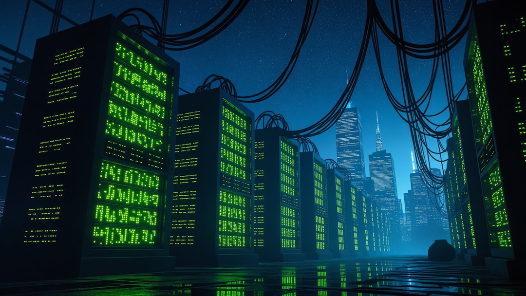 Futuristic data center interior with rows of glowing server racks, ambient blue and green lighting, holographic data visualization overlay, professional technician monitoring neural network dashboard,