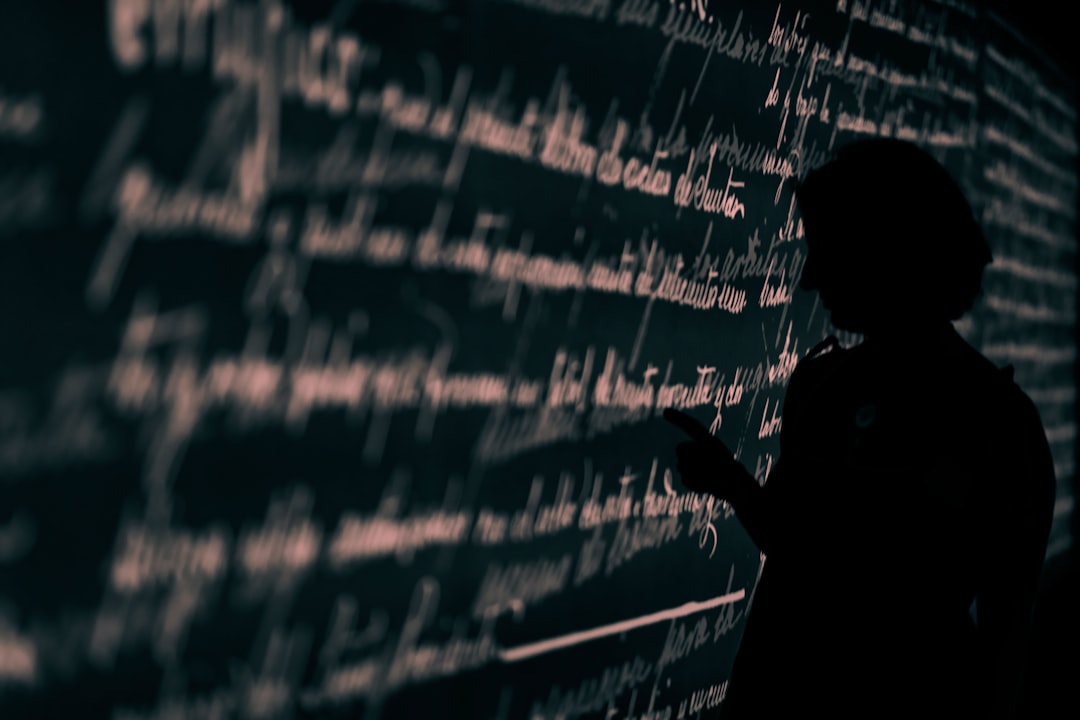 Mathematical theorem glowing on holographic display in futuristic data center, ambient blue lighting, silhouetted researcher observing neural network visualization of abstract algebra, sleek glass sur