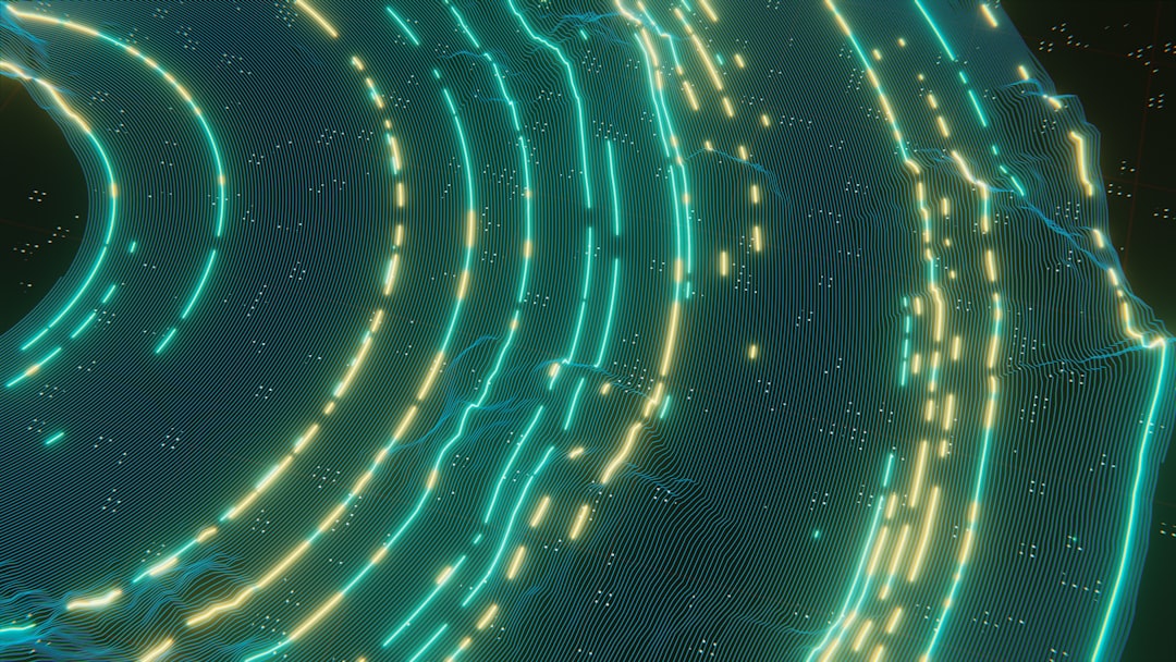 Close-up of specialized AI microchip with intricate circuit patterns emitting soft cyan light, abstract financial formulas floating in bokeh background, server room depth of field, sleek technological