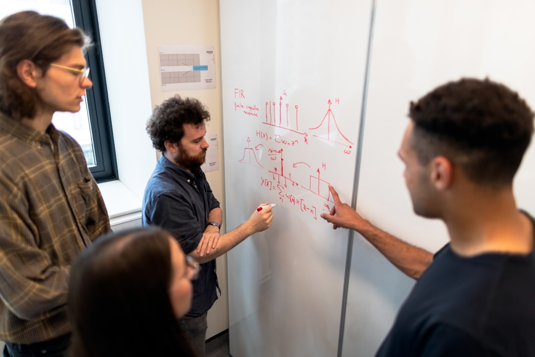 Diverse students and researchers gathered around holographic mathematical proof floating in clean modern office, natural light mixing with projected data, collaborative human-AI interaction, warm opti