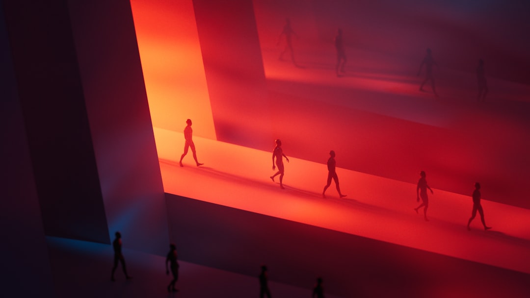 Wide shot of futuristic data center with neural network visualization flowing through corridor, lone figure walking toward bright exit, sleek architecture, ambient purple and blue lighting, hopeful ye