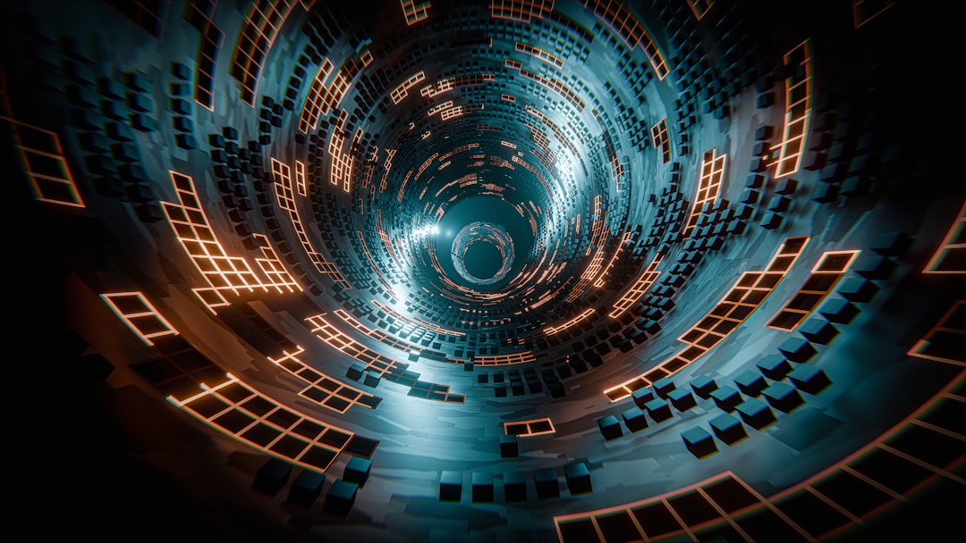 Futuristic data center with recursive neural network visualization spiraling into darkness, blue ambient lighting, holographic code fragments dissolving, professional tech aesthetic, human silhouette 