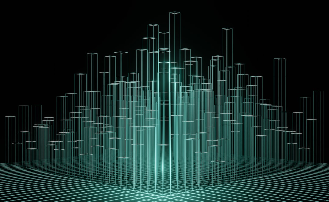 Abstract data visualization with rising 3D bar graphs and glowing market trend lines, holographic display showing AI adoption metrics, sleek dark interface with emerald and electric blue accents, prof