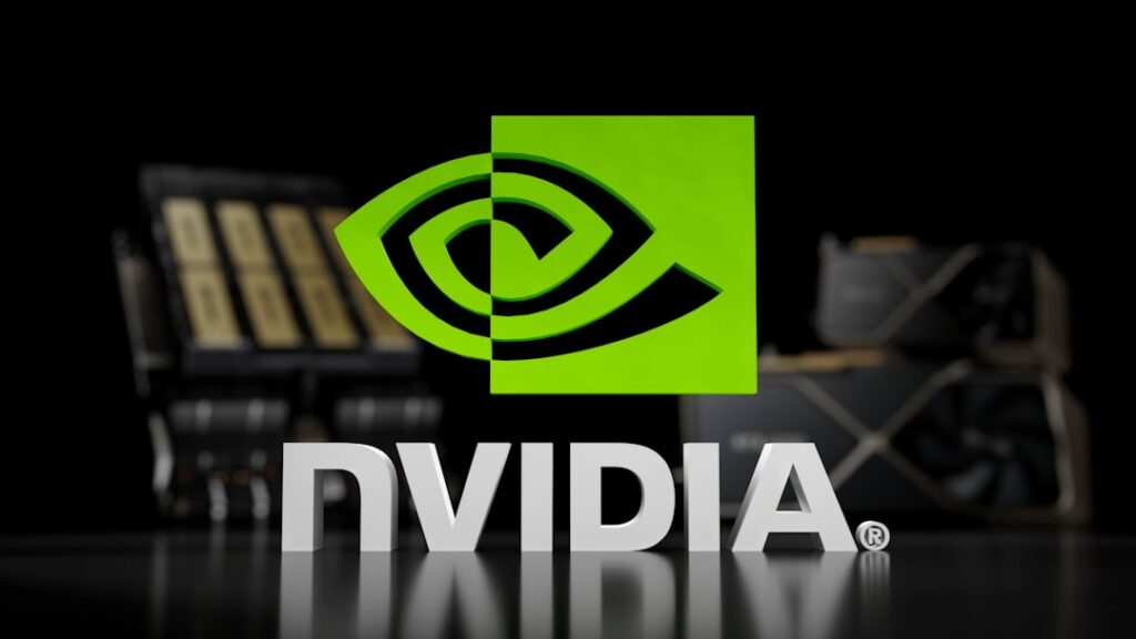 Giant glowing NVIDIA-style microchip cracking under pressure in dark server room, dramatic blue ambient lighting, silhouetted engineer watching, futuristic tech monopoly crisis concept