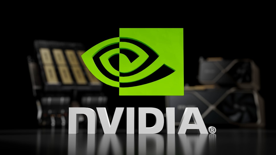 NVIDIA-style microchip extreme close-up with golden circuit traces, futuristic semiconductor manufacturing, ambient green and black lighting, sleek professional technology photography, abstract AI har