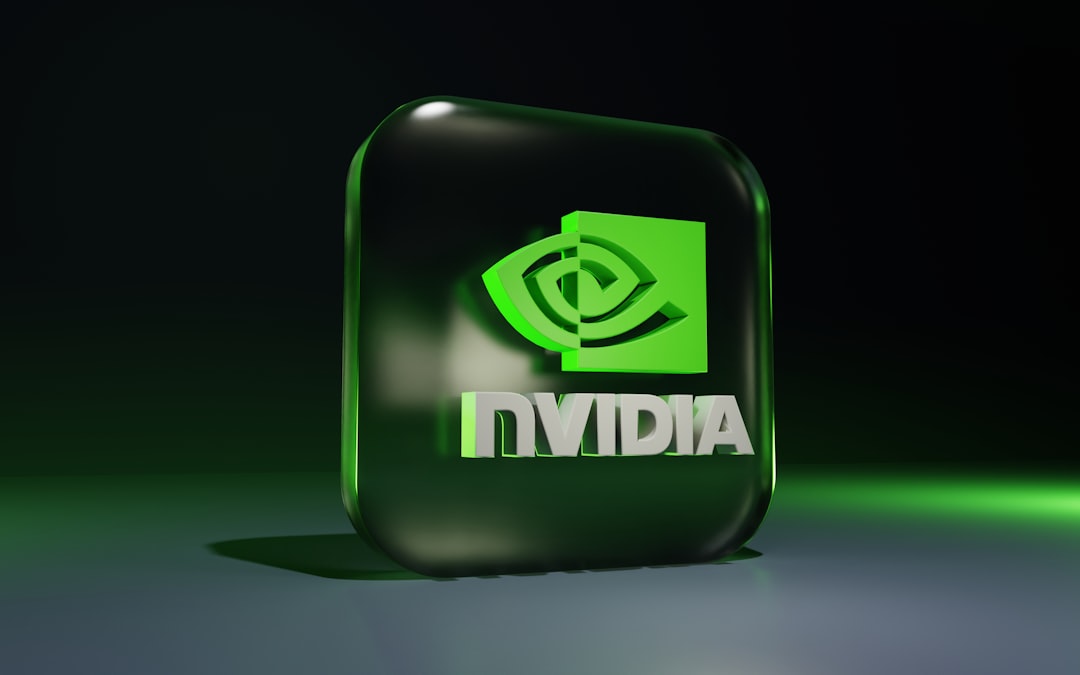 Close-up of Nvidia microchip with holographic partnership interface, clean modern office background, two professionals collaborating, sleek ambient lighting, technology synergy concept