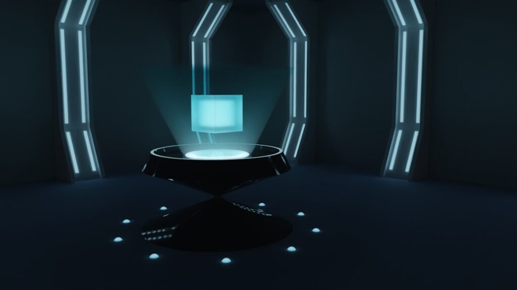 Futuristic neuroscience lab with holographic brain scan floating above sleek workstation, ambient blue lighting, scientist in white coat observing neural network visualization on transparent display
