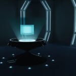Futuristic federal budget hologram floating above sleek government desk, ambient blue lighting, data visualization charts, professional analyst hands gesturing, clean modern office, neural network ove