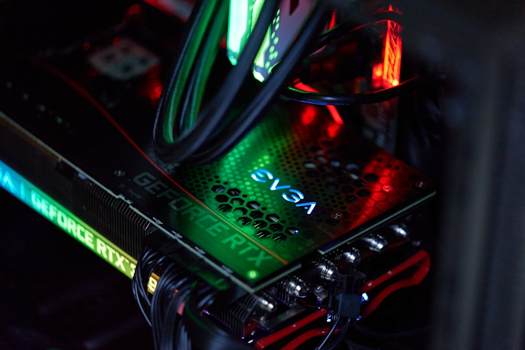 Close-up of a sleek holographic NVIDIA microchip glowing with green and blue neural network patterns, set inside a futuristic dark data center with ambient server lights