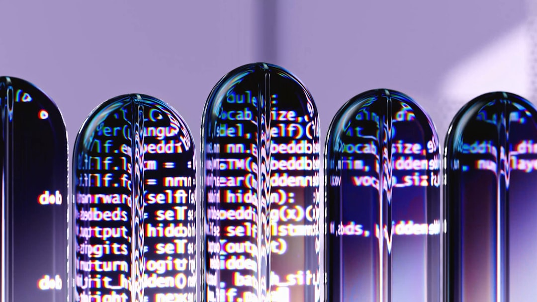 Four sleek transparent pillars with flowing data streams in futuristic boardroom, diverse professionals pointing at holographic decision matrix, cool white ambient lighting