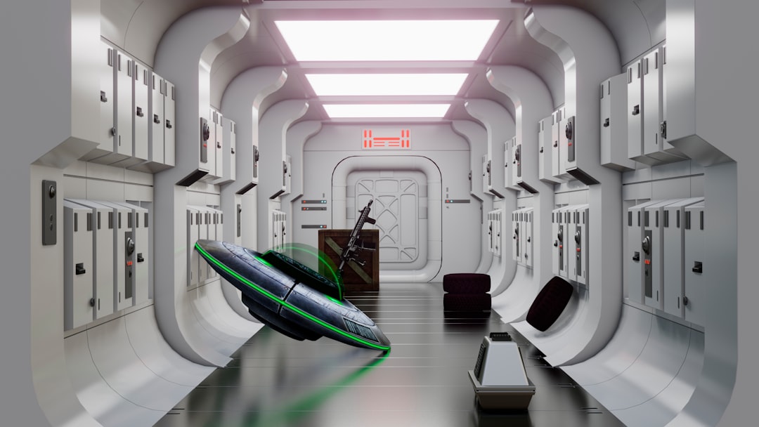 Futuristic space station interior with holographic AI neural network visualization, ambient blue lighting, astronaut silhouette, sleek control panels, Earth visible through window