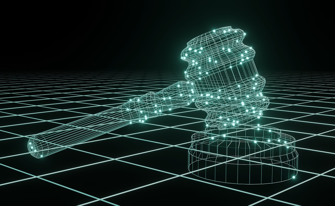 Futuristic sleek courtroom with holographic legal documents floating above a judge's bench, ambient blue lighting, neural network visualization on transparent screens, professional setting