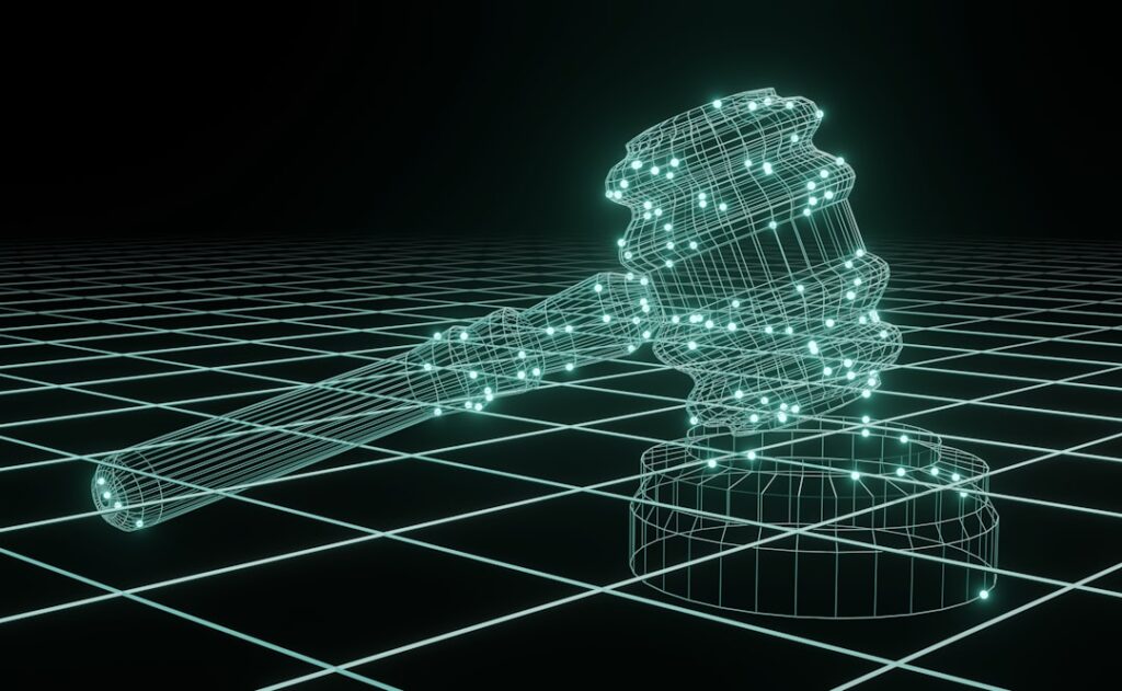 Futuristic sleek courtroom with holographic displays showing legal documents, blue ambient lighting, judge's bench with transparent screens, professional setting, data visualization overlays