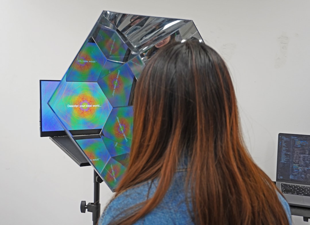 Personalized learning holographic display above student desk in minimalist classroom, AI algorithm patterns projected in ambient purple light, young person studying with worried expression, futuristic