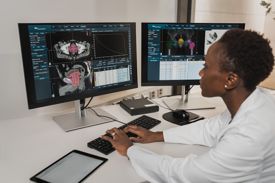 Medical AI concept with professional doctor analyzing predictive disease heatmap on holographic display, futuristic Brazilian public health command center, clean modern office with ambient teal lighti