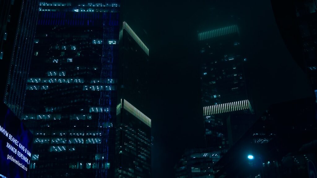 Two sleek corporate towers connected by glowing holographic data streams, futuristic city skyline at twilight, ambient blue and green neon lighting, professional executives shaking hands in foreground