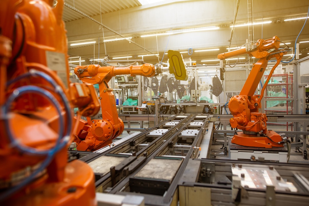 Robotic arm assembling circuit boards in Brazilian factory with holographic AI overlay, data visualization projections, sleek industrial ambient lighting, professional economic transformation scene