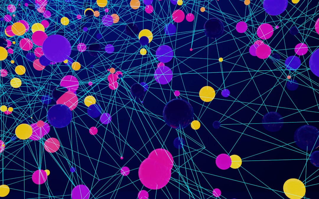 Global network visualization with interconnected data centers, holographic world map with neural network patterns, professional tech executive in clean modern office, ambient purple and cyan lighting