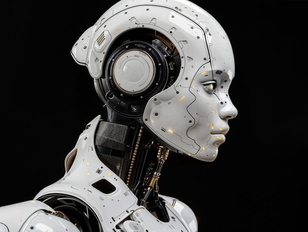 Sleek humanoid robot and professional engineer collaborating in futuristic clean modern office, holographic neural network visualization floating between them, cool blue ambient lighting, high-tech co