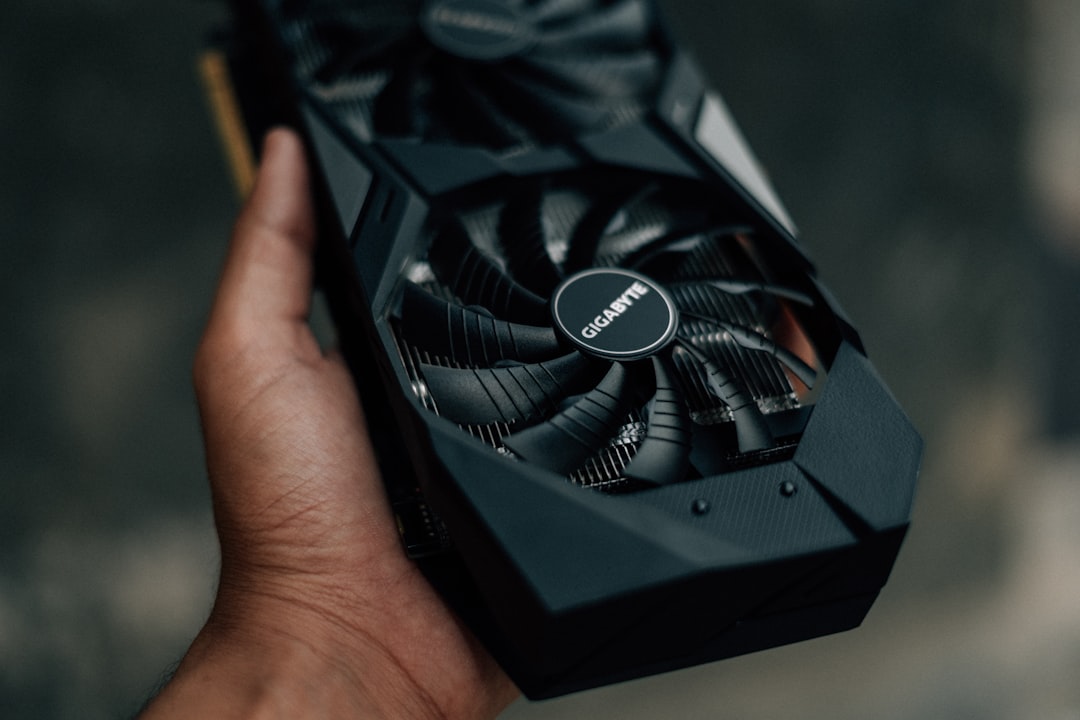 Close-up of NVIDIA GPU microchip with golden circuit traces, professional hands holding futuristic tablet displaying scaling metrics, neon green ambient glow, abstract neural network visualization bac