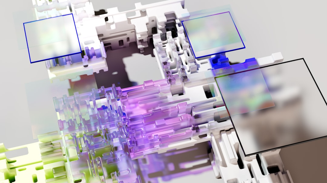 Micro-SaaS automation concept with sleek coding interface on transparent screens, small robotic arms assembling digital blocks, professional developer in clean modern office, cool blue ambient lightin