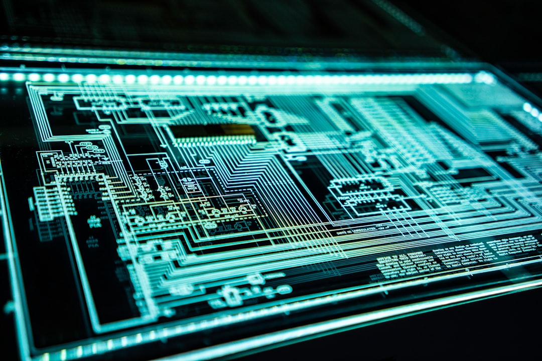 Close-up of futuristic microchip with glowing neural network pathways, blue ambient lighting, sleek server room background, holographic data streams, professional tech photography