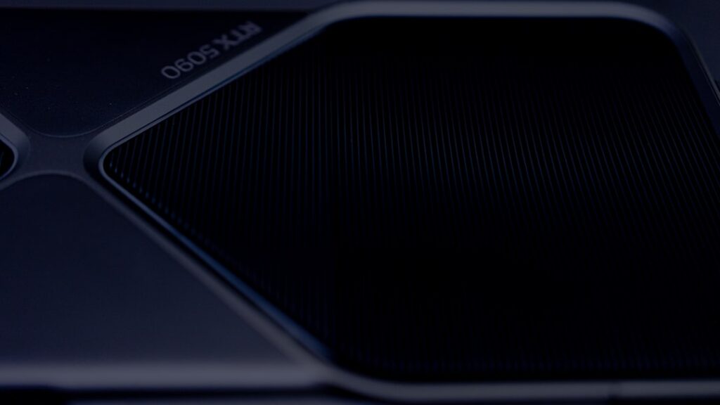 Close-up of gleaming NVIDIA GPU microchip with holographic neural network overlay, cool blue ambient lighting, futuristic data center background, sleek professional tech aesthetic