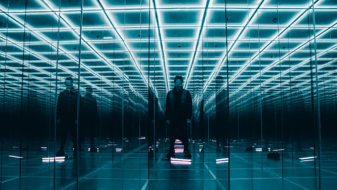 Futuristic glass maze with holographic corporate logos intertwined, ambient blue-purple lighting, silhouetted executives shaking hands through transparent walls, data streams reflecting