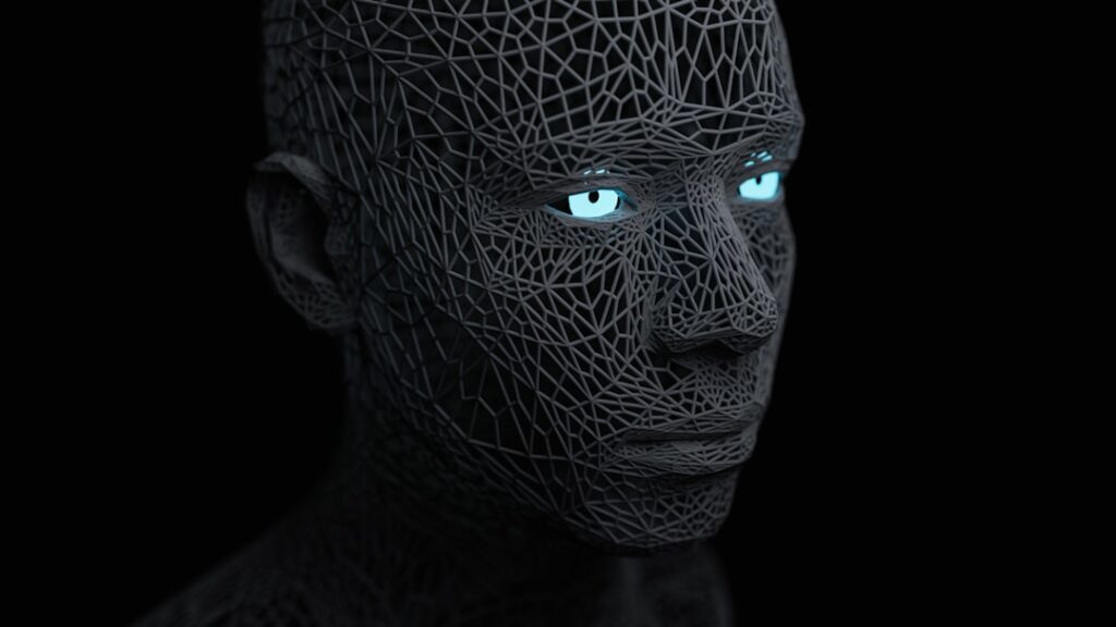 Futuristic humanoid robot with glowing neural network patterns in sleek data center, blue ambient lighting, human silhouette watching from shadows, cinematic corporate mood