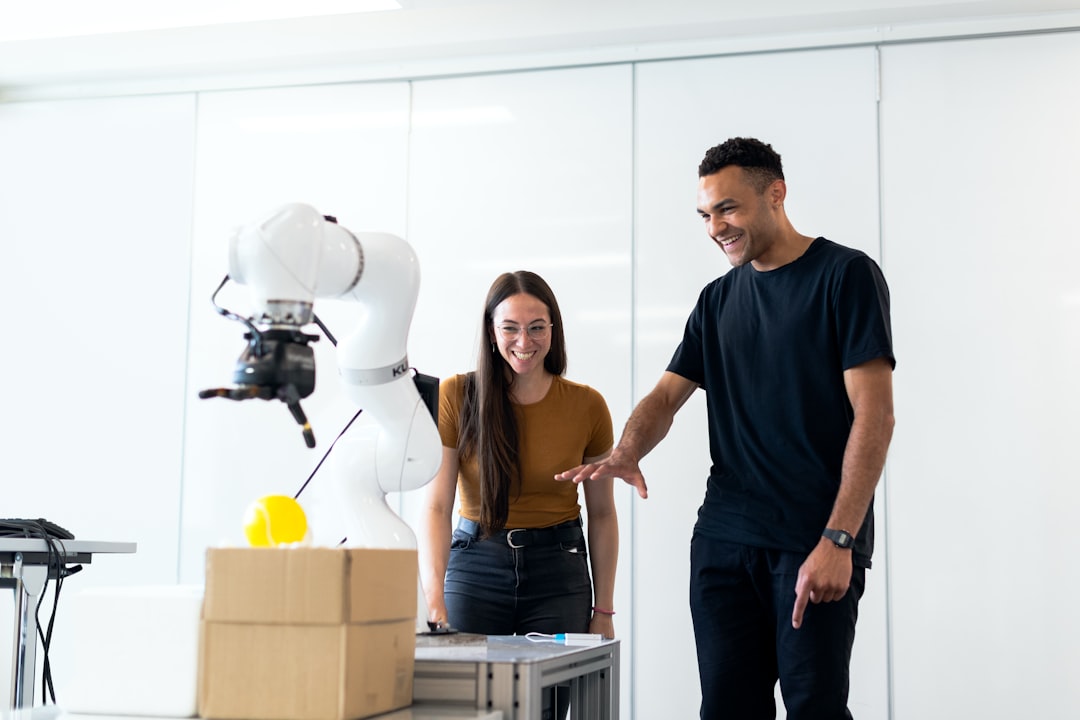 Teenager collaborating with humanoid robot in sleek innovation lab, holographic career pathways floating between them, bright futuristic lighting, microchip details on desk, clean modern workspace bri