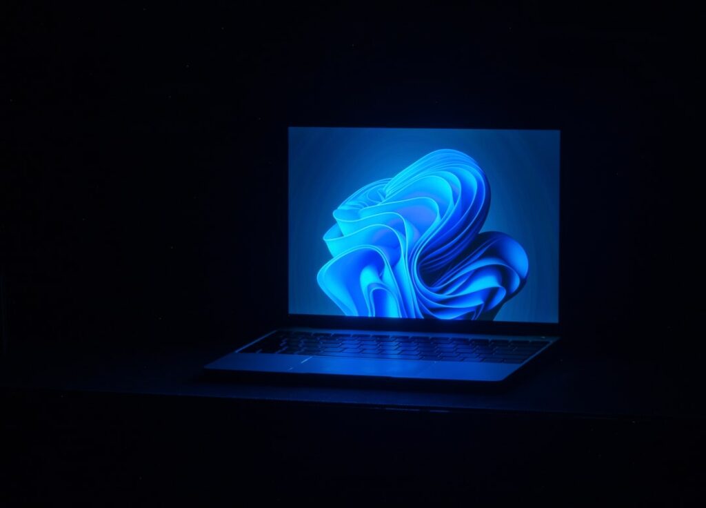 Sleek corporate boardroom with holographic Microsoft logo dissolving into data particles, lone executive silhouette, cool blue ambient lighting, futuristic minimalist aesthetic, strategic pivot concep