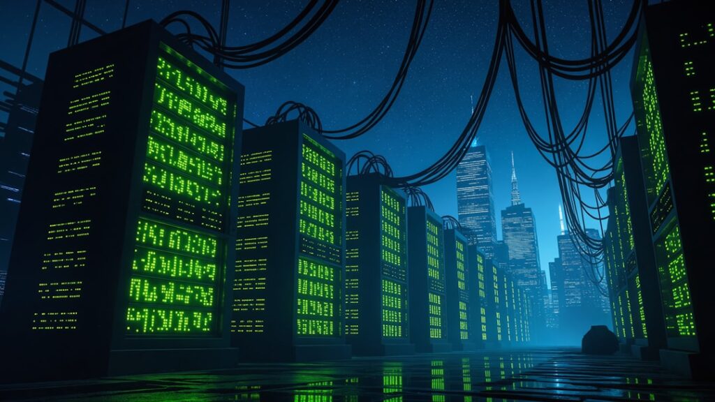 Futuristic data center with glowing neural network hologram, silhouette of professional analyst, cool blue ambient lighting, sleek server racks, abstract data visualization overlay