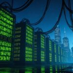 Futuristic data center with holographic AI market projections floating above server racks, blue ambient lighting, professional analyst silhouette observing growth charts, sleek modern tech environment