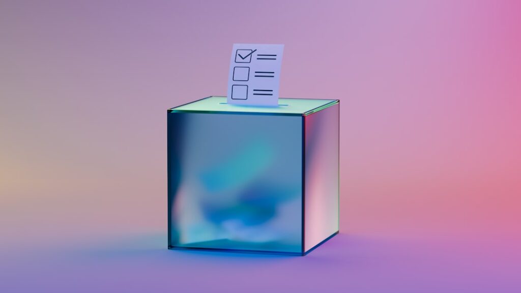 Futuristic voting booth with holographic ballot interface, neural network visualization overlay, ambient blue lighting, human hand hovering over digital choice, sleek cybersecurity dashboard backgroun