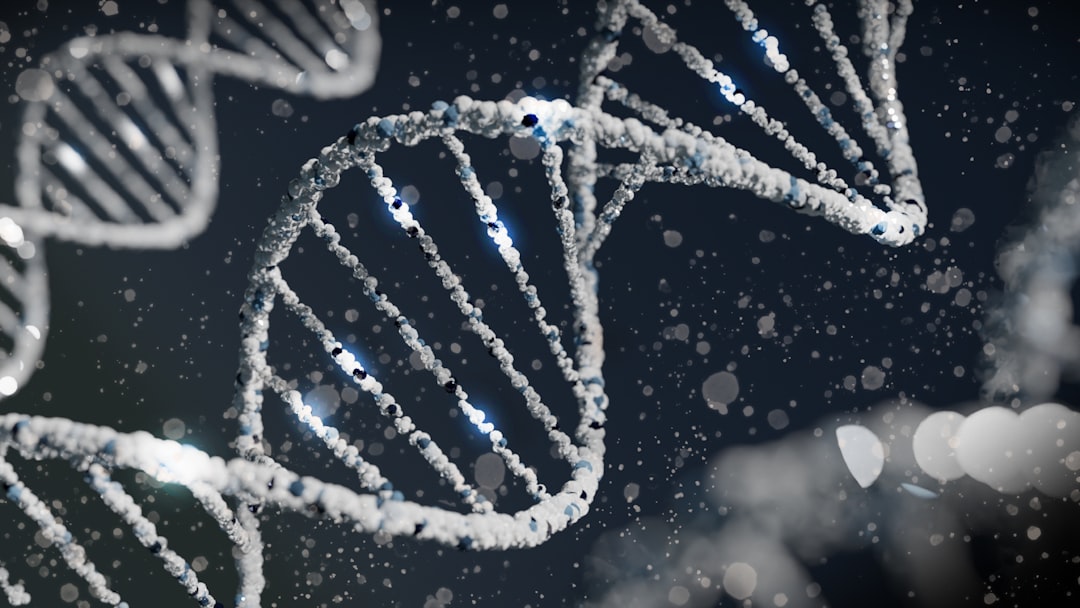 Futuristic DNA strand hologram emerging from microchip detail, diverse scientists collaborating in clean modern lab, warm ambient lighting, gen AI sequencing data on transparent screens, optimistic pr