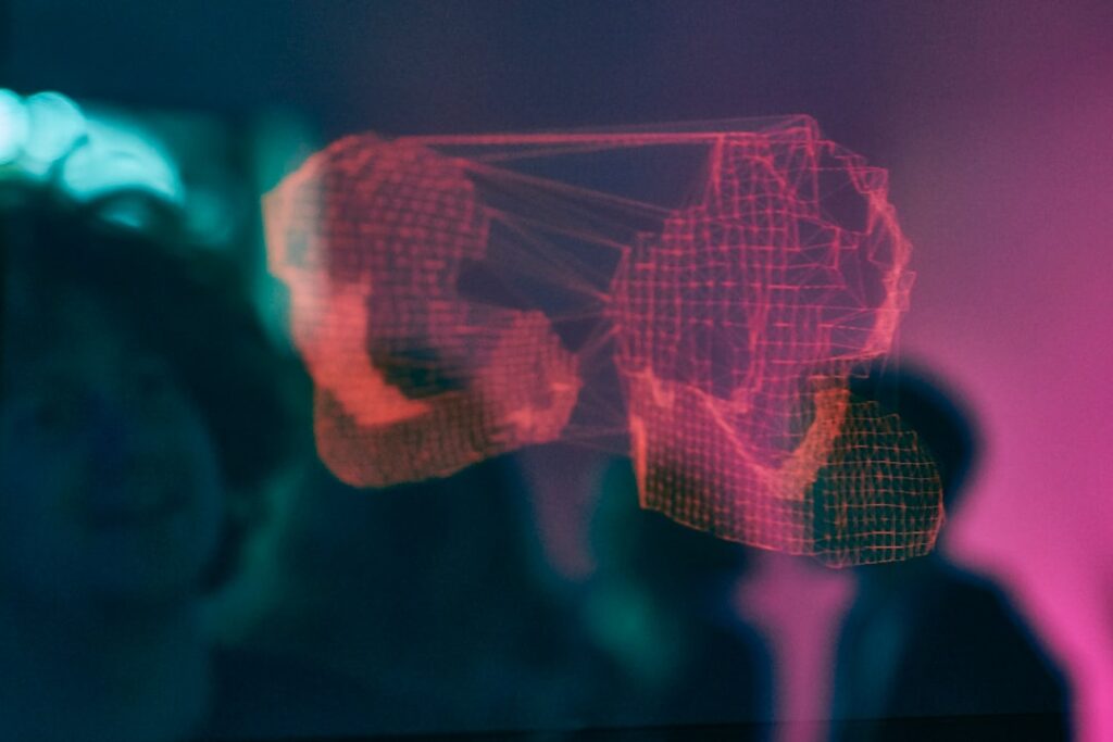Futuristic search evolution concept, holographic search bar morphing into neural network visualization, sleek ambient lighting, professional tech environment, blue and cyan color palette, data streams