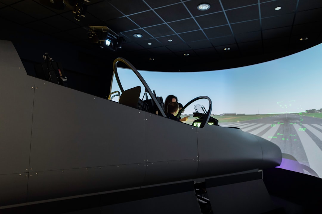 Cockpit interior with neural network visualization on transparent displays, pilot hands on controls, sleek ambient lighting, flight path holograms, professional aviation technology, futuristic navigat