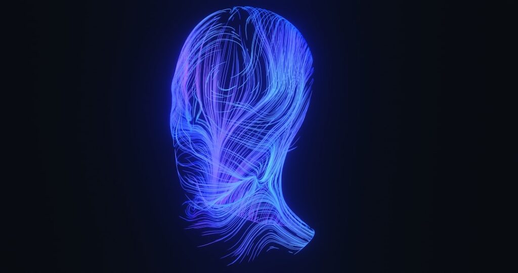 Futuristic facial analysis lab, sleek holographic 3D face scan floating above minimalist white console, ambient blue lighting, professional dermatologist observing data, clean modern medical tech sett