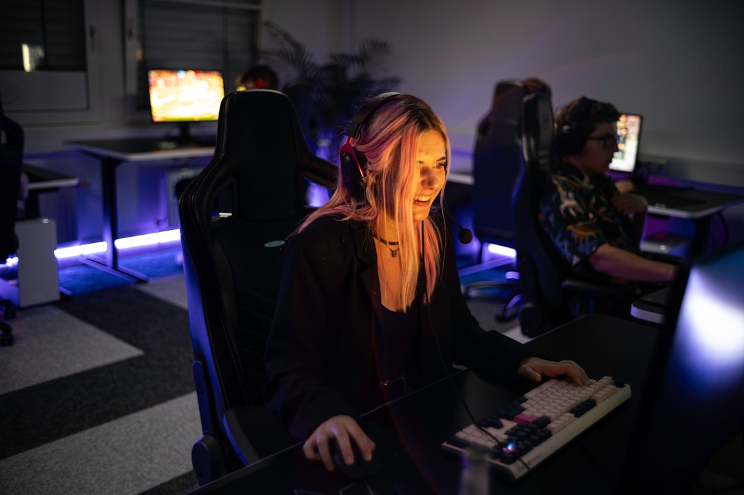 Sleek Microsoft blue-toned corporate office with holographic AI interface displays, professional businesswoman interacting with floating data dashboards, clean glass architecture, soft ambient lightin