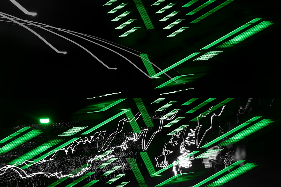 Sleek holographic financial data visualization floating above glass desk, exponential growth chart in neon green, professional investor silhouette, clean modern office with ambient lighting