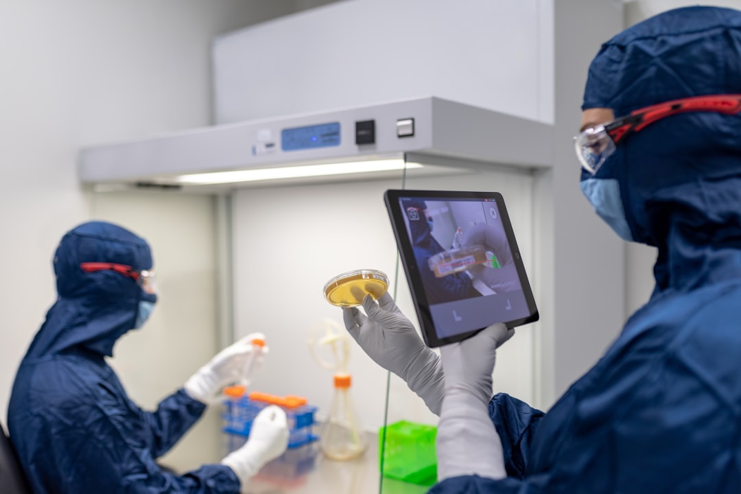 Medical AI robotics arm in sterile biotech laboratory, holographic DNA sequencing display, professional researcher collaborating with intelligent automation, sleek white ambient lighting futuristic