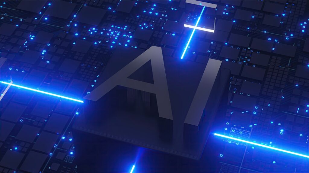 Futuristic holographic display showing AI evolution from version 1.0 to 2.0, sleek glass interface with glowing neural network nodes, professional data center ambient lighting, clean modern office set