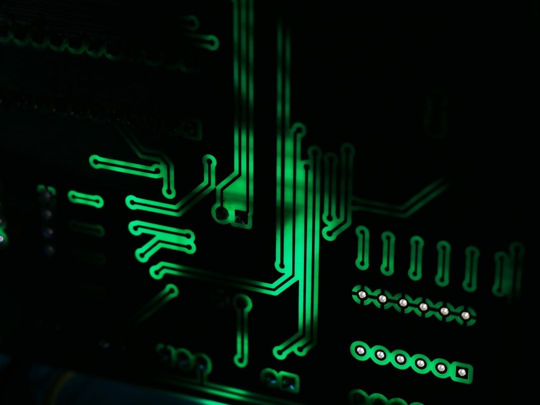 Close-up macro of advanced microchip with glowing circuit pathways, server room bokeh background, cool blue and green ambient lighting, holographic data streams emerging from silicon, technical archit