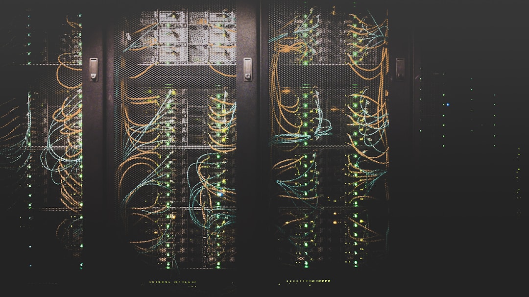Futuristic data center with holographic neural network visualization, sleek server racks with ambient blue lighting, professional tech engineer monitoring disruption on transparent display
