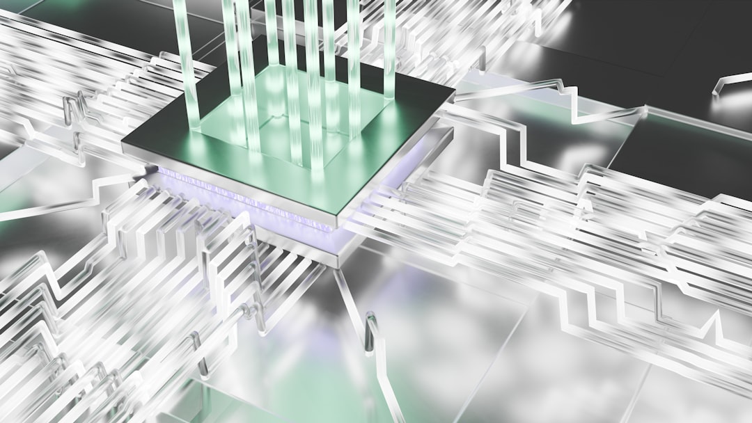 Close-up of sleek transparent microchip with luminous neural network pathways pulsing inside, futuristic data center server racks in soft bokeh background, cyan and violet gradient lighting, clean min